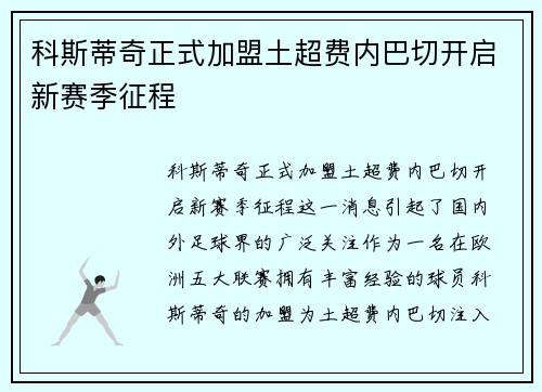 科斯蒂奇正式加盟土超费内巴切开启新赛季征程