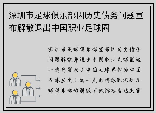深圳市足球俱乐部因历史债务问题宣布解散退出中国职业足球圈 深圳市足球俱乐部因历史债务问题宣布解散退出中国职业足球圈